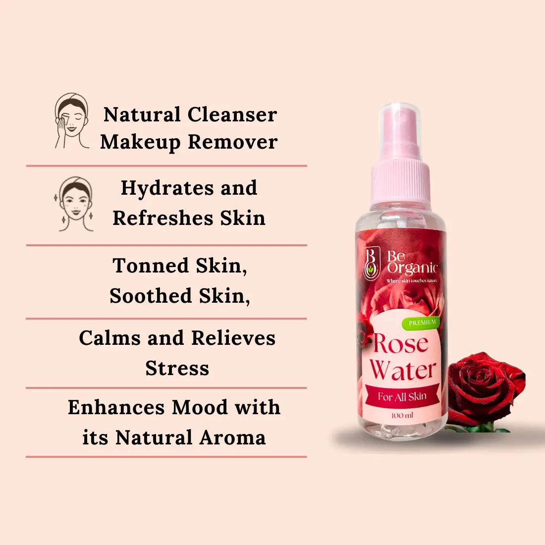 100% Pure Organic Rose Water for Face, Skin 100ml Be Organic