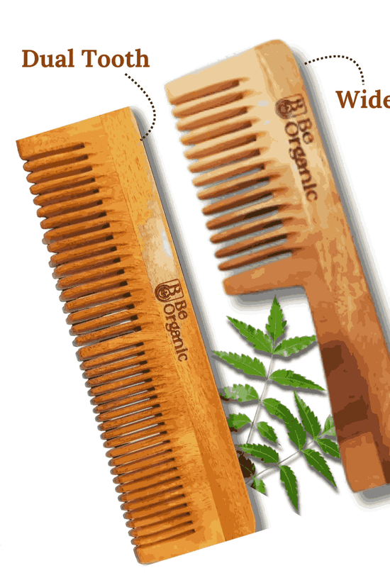Neem Comb Combo of 2 (Handle + Dual Tooth) | Pure Neem Wood Be Organic