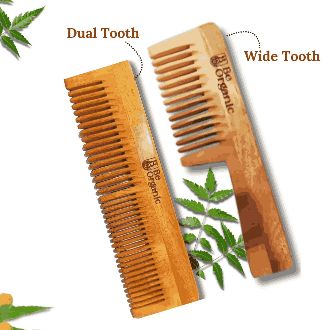 Neem Comb Combo of 2 (Handle + Dual Tooth) | Pure Neem Wood Be Organic