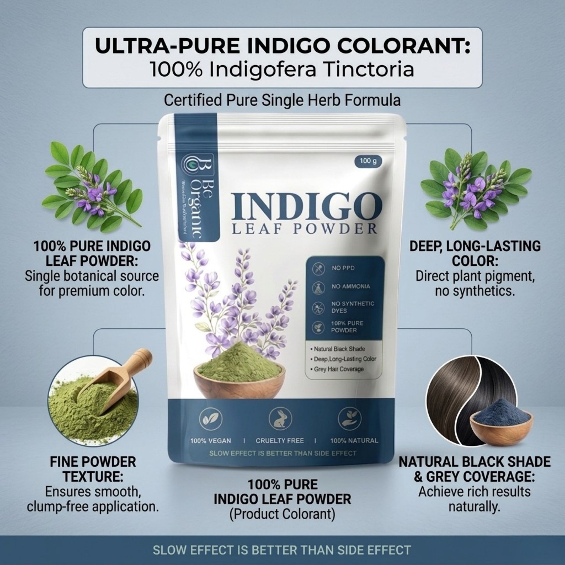 Be Organic 100% Pure Indigo Leaf Powder | Natural Hair Color (100g)