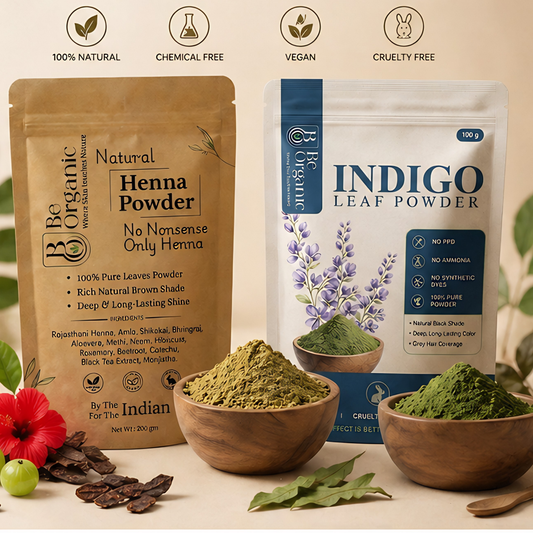 Be Organic Henna & Indigo Combo Pack | 100% Natural Hair Dye for Grey Coverage, Brown to Black Shades | Chemical-Free, Organic Hair Color Powder for Women & Men