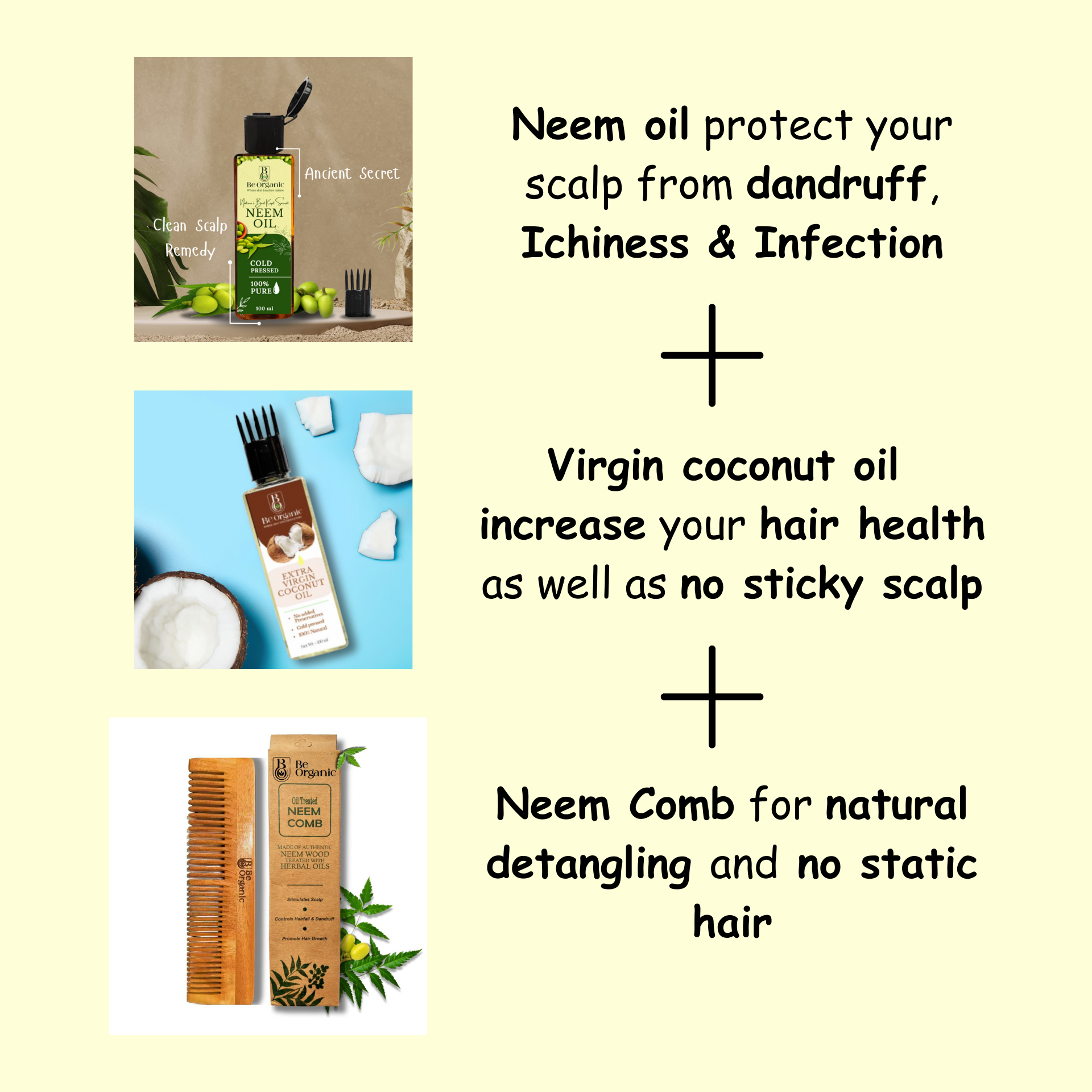 Natural hair and scalp care kit – Neem Oil, Virgin Coconut Oil, Neem Comb | Be Organic