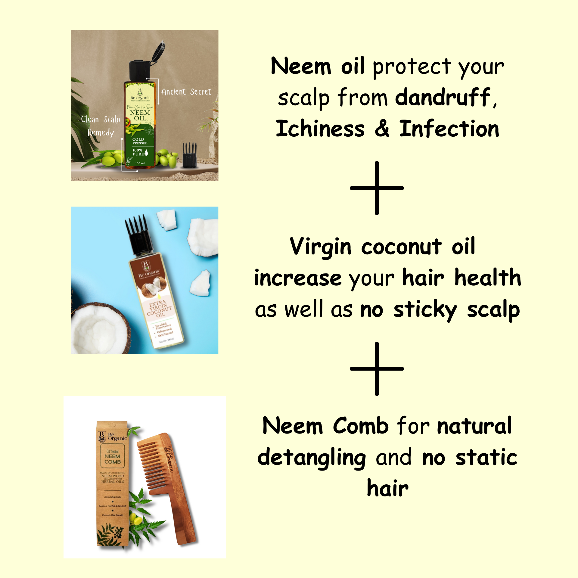 Ayurvedic hair care trio: Neem Oil, Virgin Coconut Oil, and Neem Comb set | Be Organic