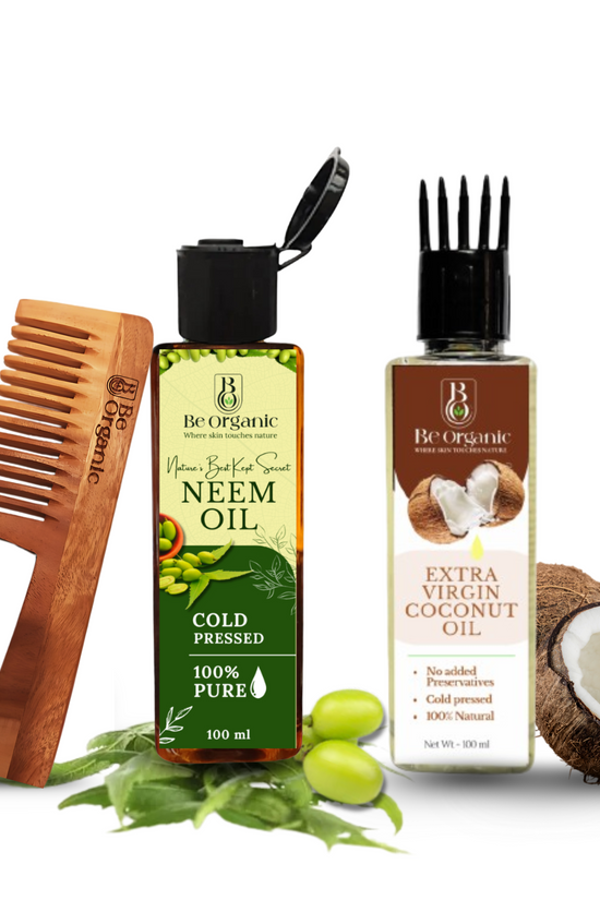 Be Organic hair care combo with Neem Oil, Virgin Coconut Oil, and Neem Wood Comb | Be Organic