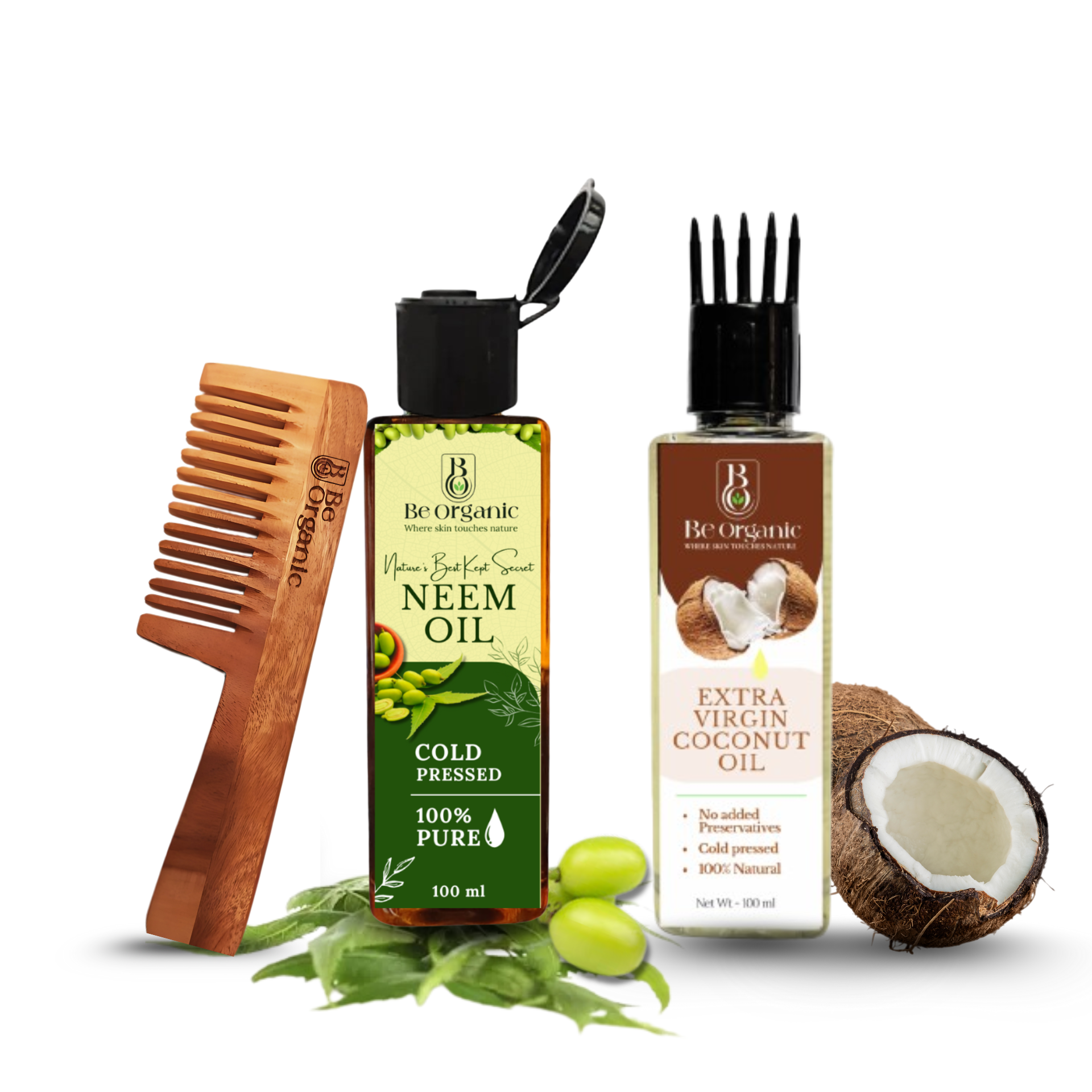 Be Organic hair care combo with Neem Oil, Virgin Coconut Oil, and Neem Wood Comb | Be Organic