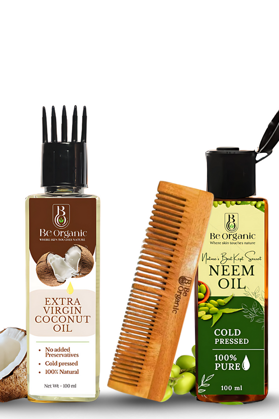 Be Organic hair care combo with Neem Oil, Virgin Coconut Oil, and Neem Wood Comb | Be Organic