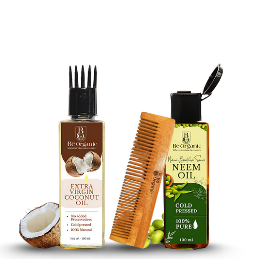 Be Organic hair care combo with Neem Oil, Virgin Coconut Oil, and Neem Wood Comb | Be Organic