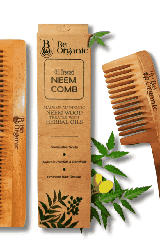 Neem Comb Combo of 2 (Handle + Dual Tooth) | Pure Neem Wood Be Organic
