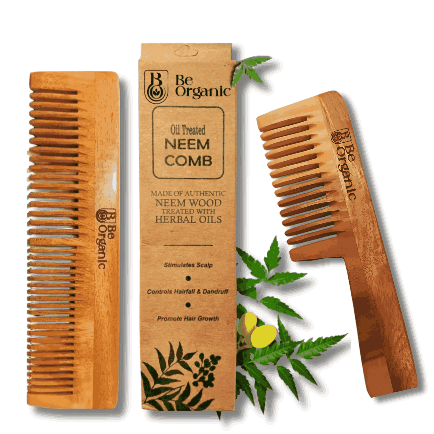 Neem Comb Combo of 2 (Handle + Dual Tooth) | Pure Neem Wood Be Organic