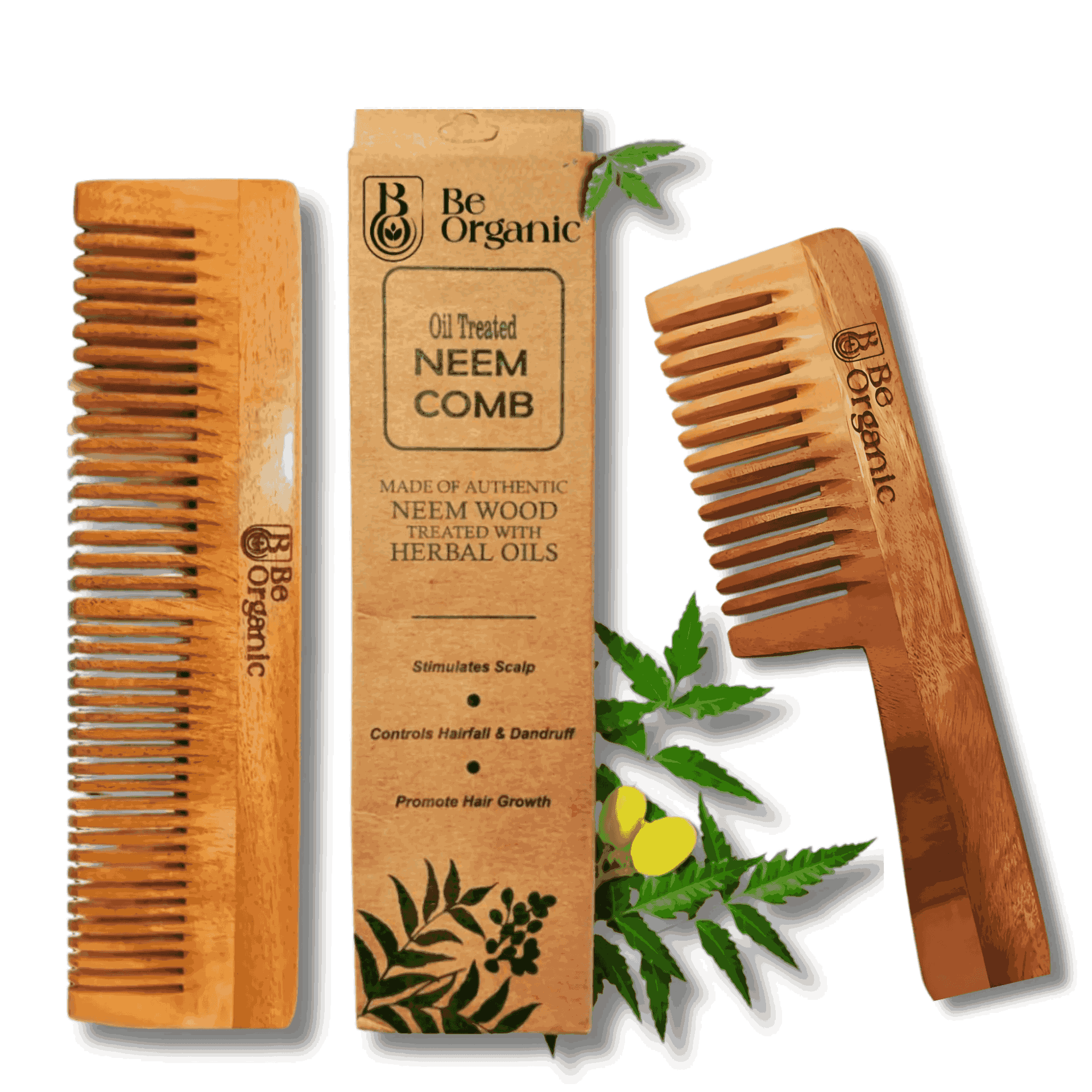 Neem Comb Combo of 2 (Handle + Dual Tooth) | Pure Neem Wood Be Organic