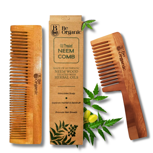 Neem Comb Combo of 2 (Handle + Dual Tooth) | Pure Neem Wood Be Organic