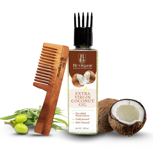 Be Organic combo of Virgin Coconut Oil and Neem Wood Comb for natural hair care