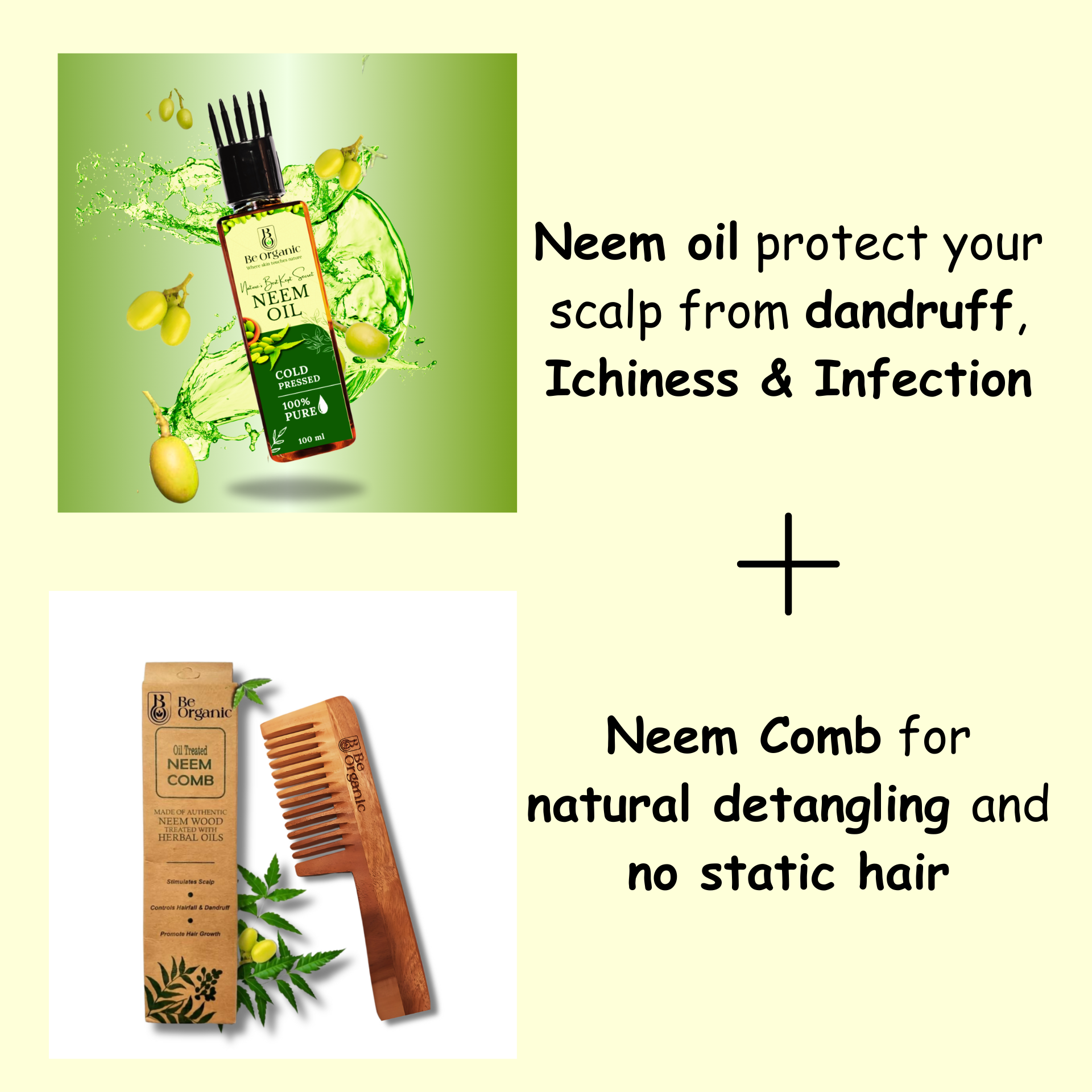 Be Organic hair care combo with cold-pressed Neem Oil and wooden Neem Comb

