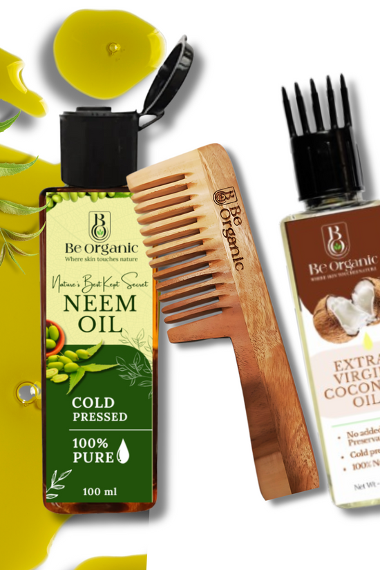 Herbal hair care set including neem oil, cold-pressed coconut oil, and neem wood comb for healthy hair