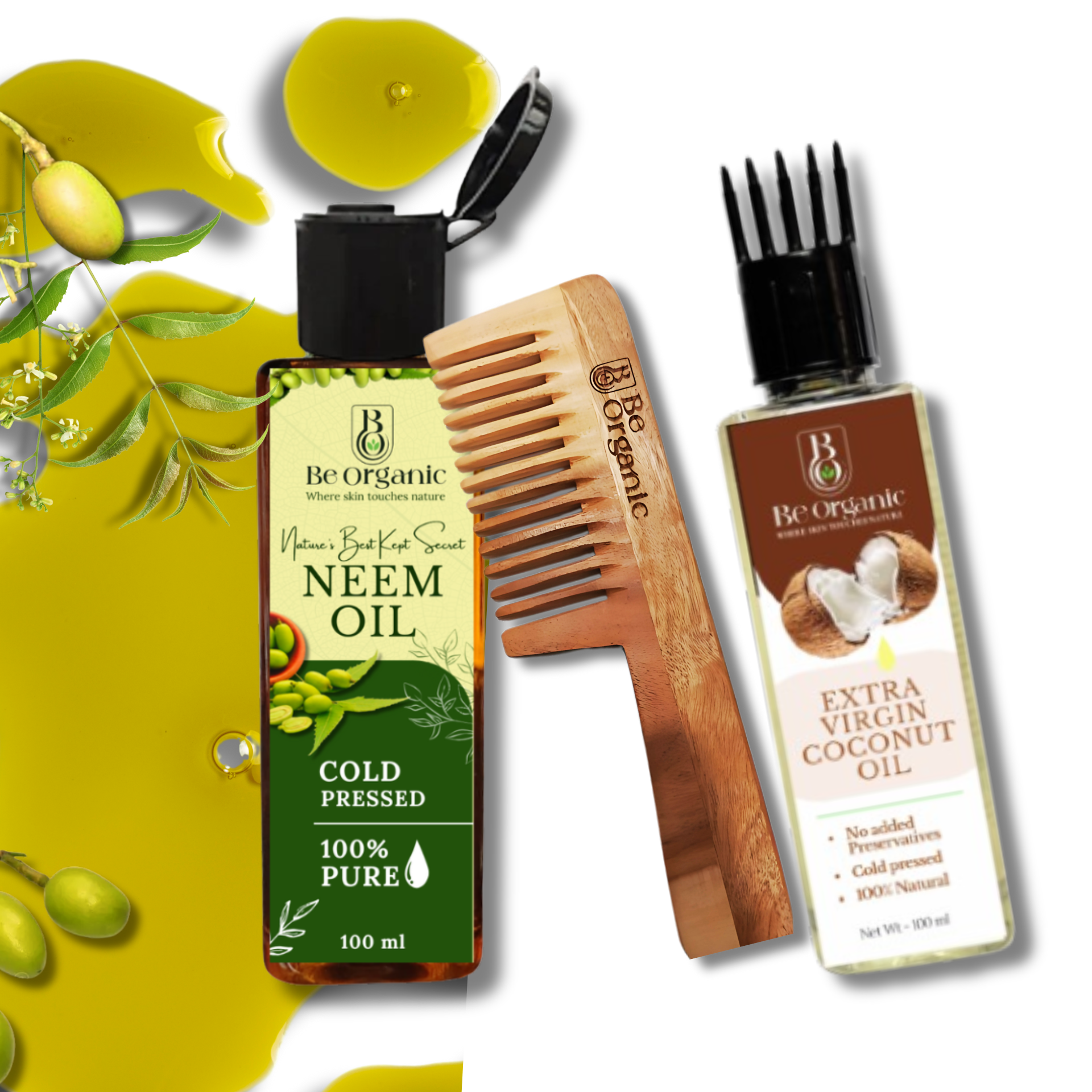 Herbal hair care set including neem oil, cold-pressed coconut oil, and neem wood comb for healthy hair