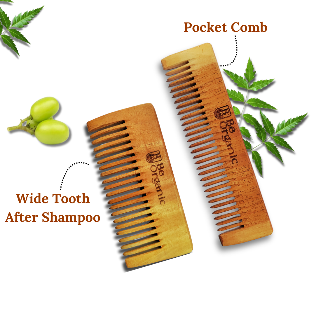  Natural neem wood dual-tooth handle comb for hair fall control