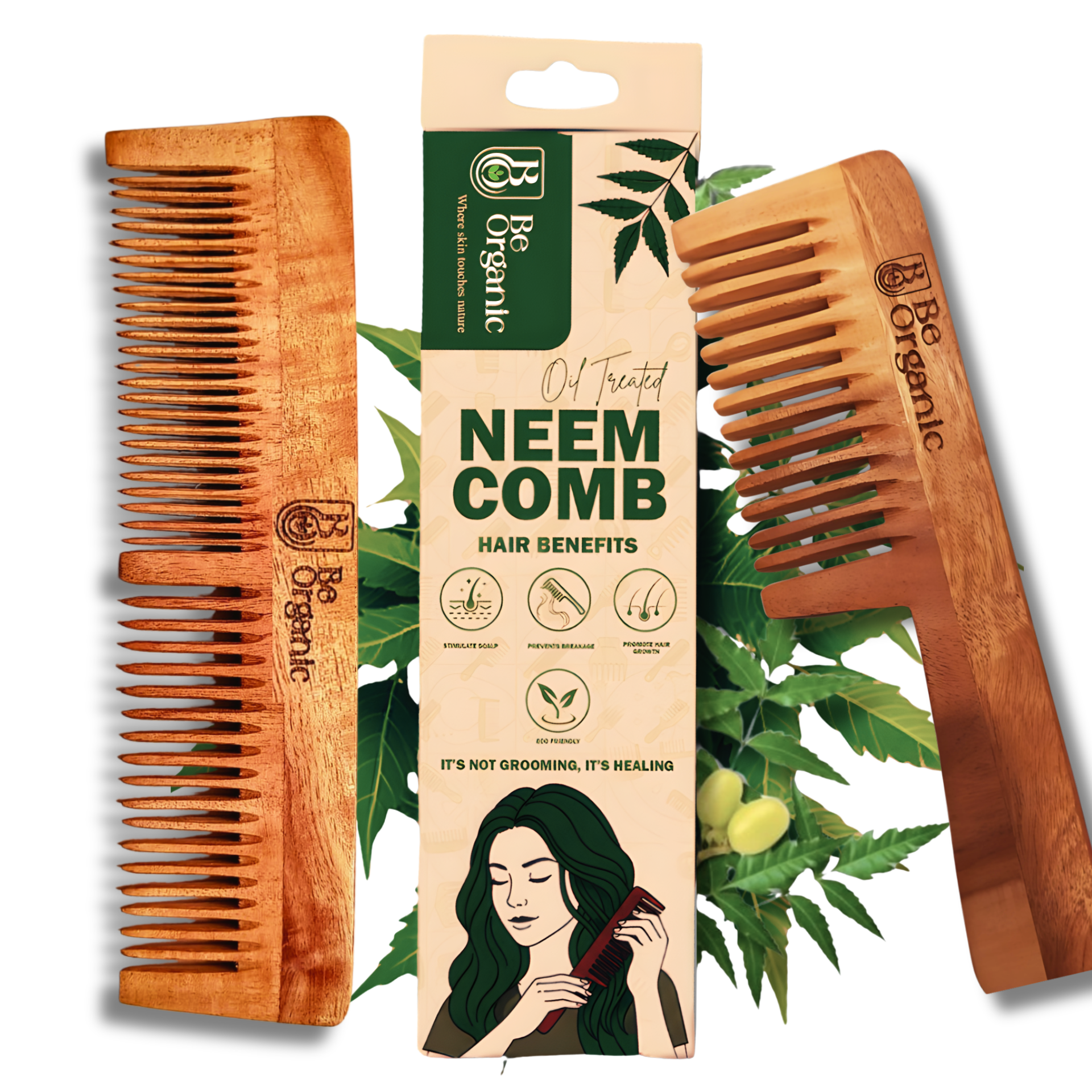Neem Comb Combo of 2 (Handle + Dual Tooth) | Pure Neem Wood